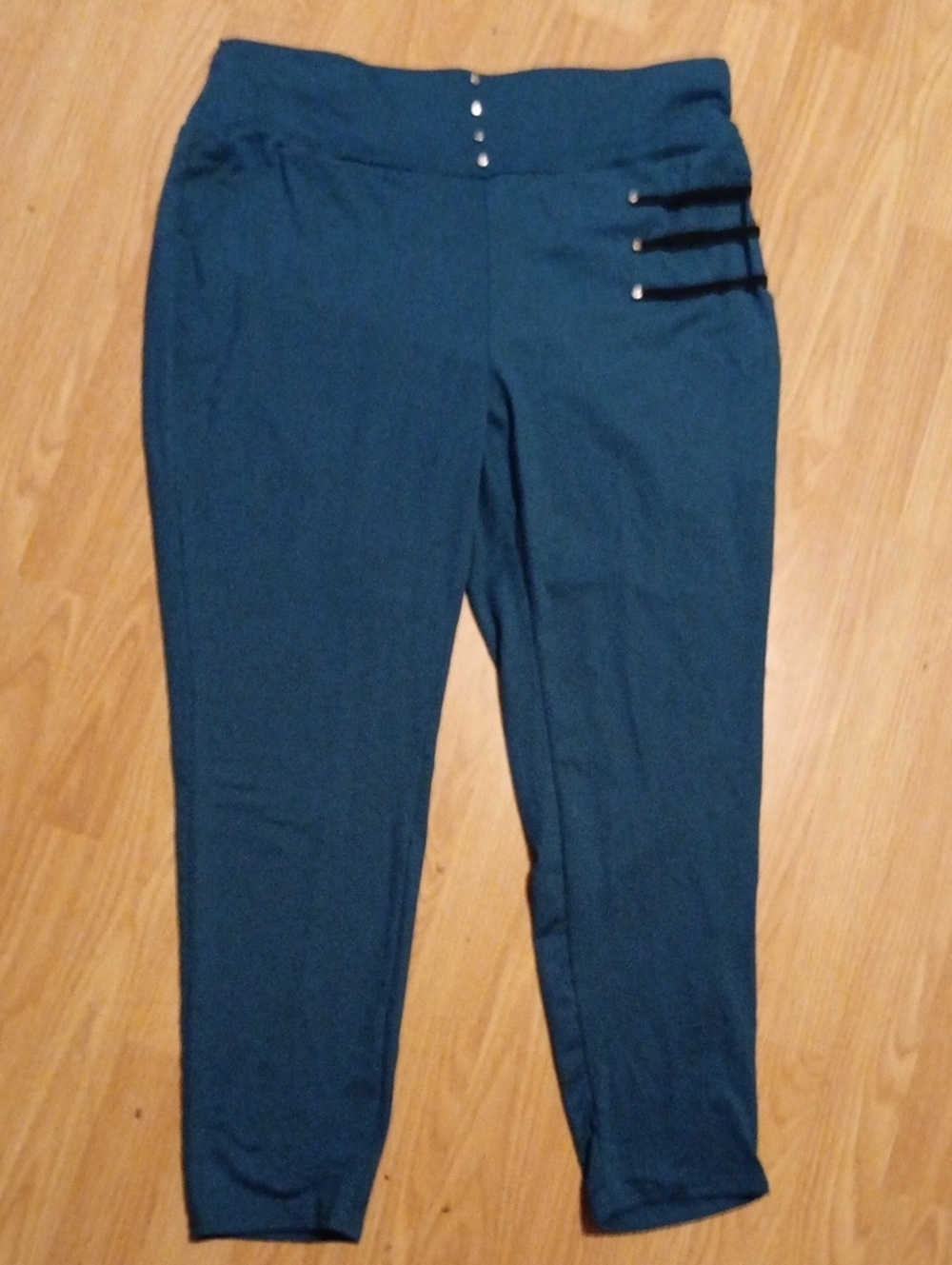 SHEIN Teal High-Waist Ankle Ponte Pants with Side Strap Detail
